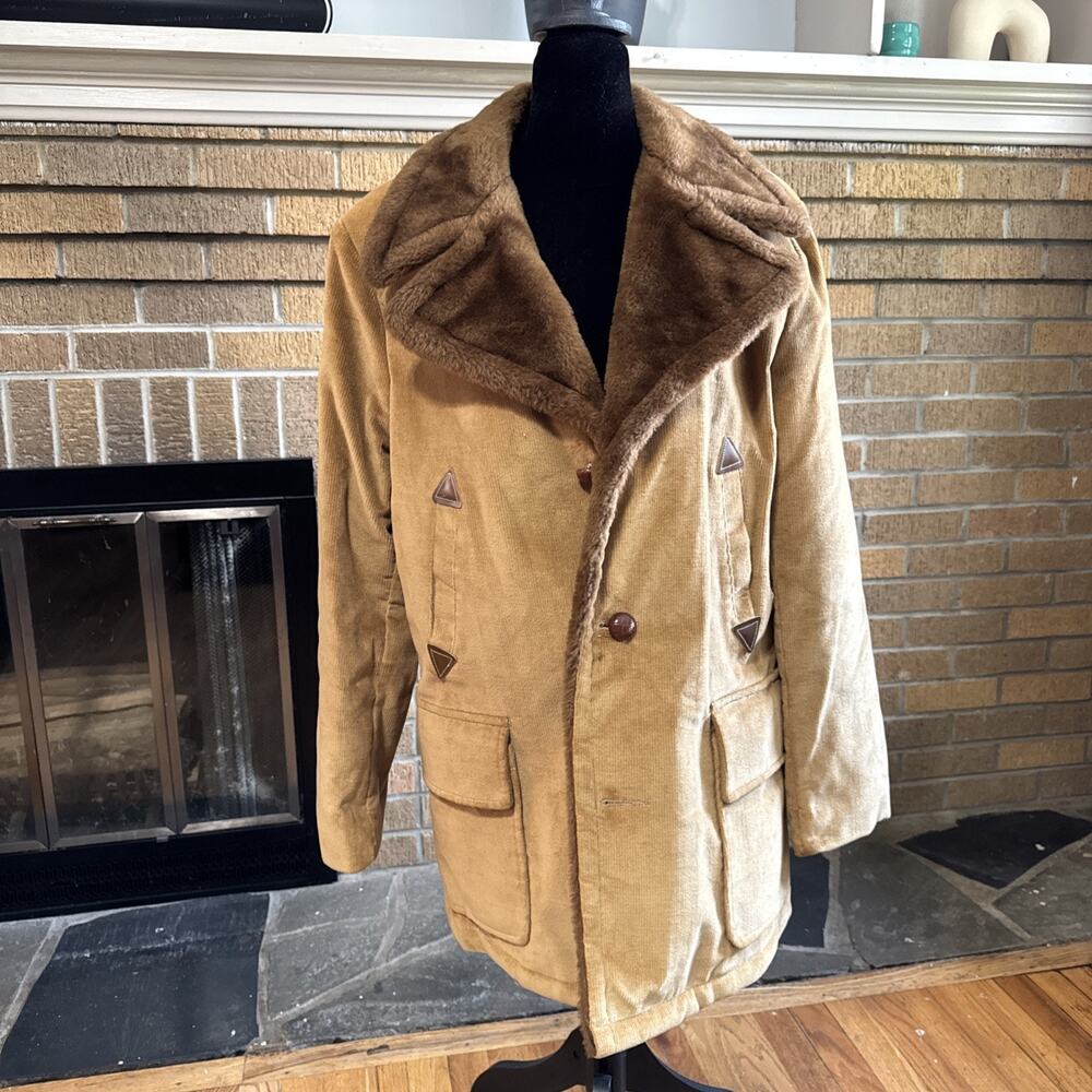 Vintage William Barry Corduroy Lined Over Coat Faux Fur Lined Rare USA 70s 80s
